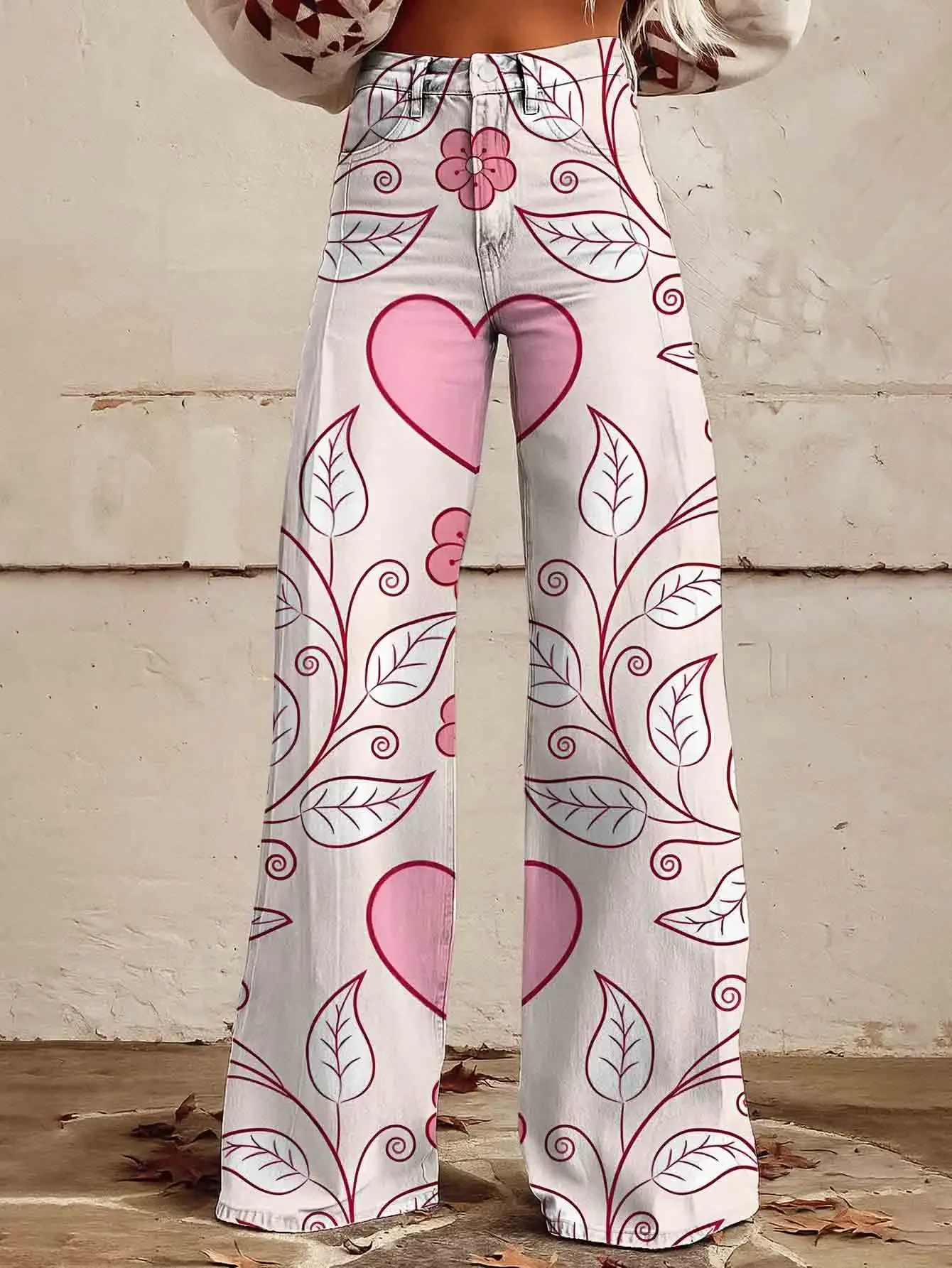 Women's new  fashionable, beautiful, fantasy floral print, loose flared imitation jeans