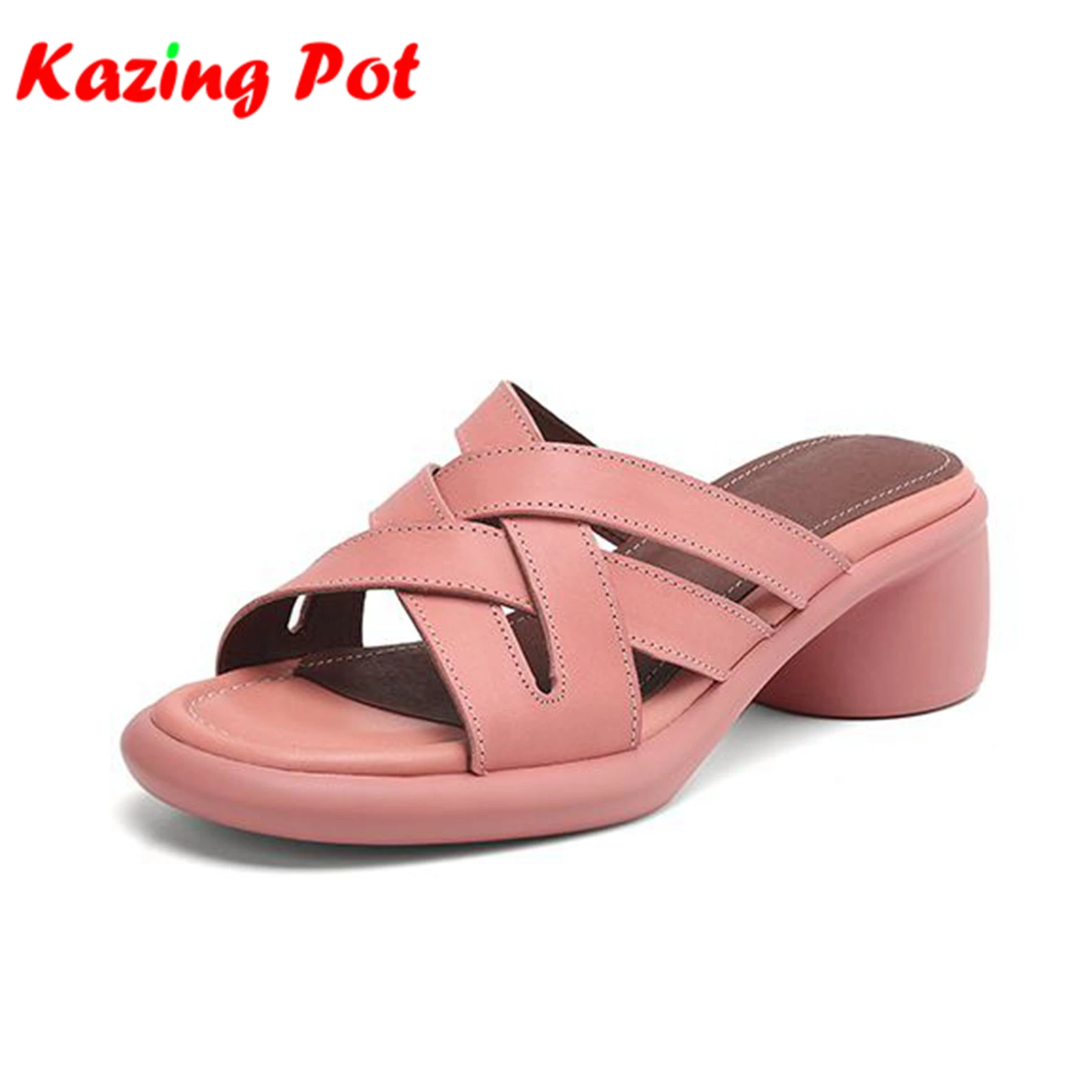 Krazing Pot Cow Skin Rome Size 42 Mules Slip On Peep Toe Summer Shoes Fashion Catwalk Elegant Pink Color Luxury Women Sandals