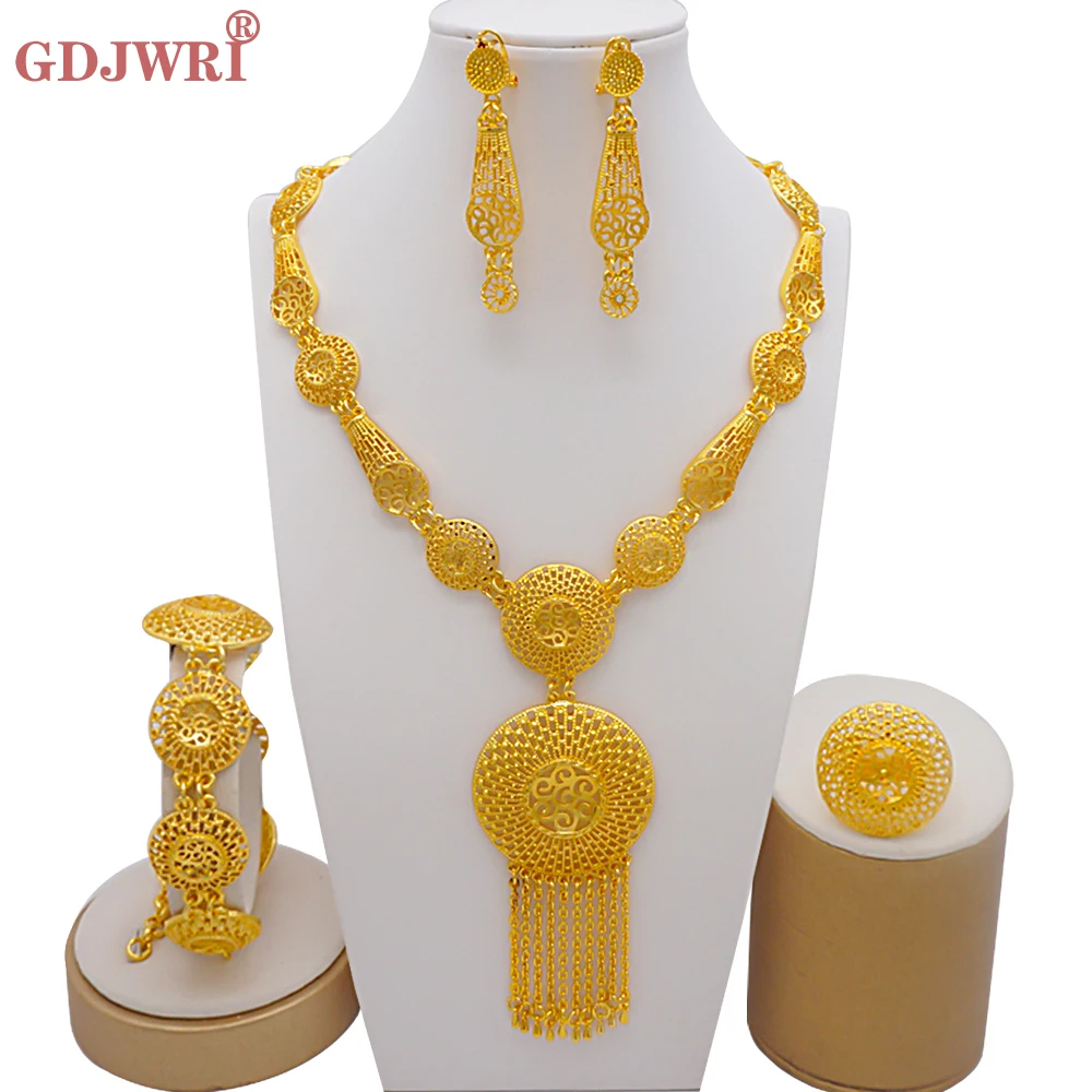 Jewelry Sets Ethiopian Gold Color Arabia Necklace Bracelet Earring Ring For Women Indian Dubai African  Party Bridal Gifts