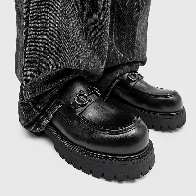 Men's Black Leather Loafers Chunky Sole Height Boost