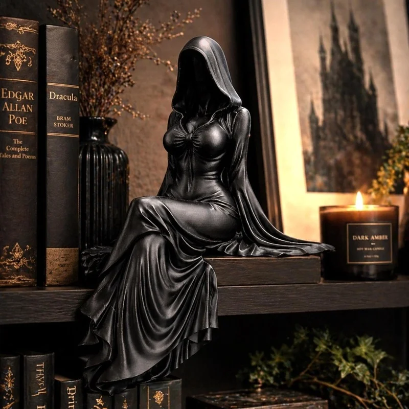 1pc Halloween Grim Reaper Figurine，Death Seated Female Statue，Home Desktop Bookshelf Resin Ornament Atmosphere Gifts
