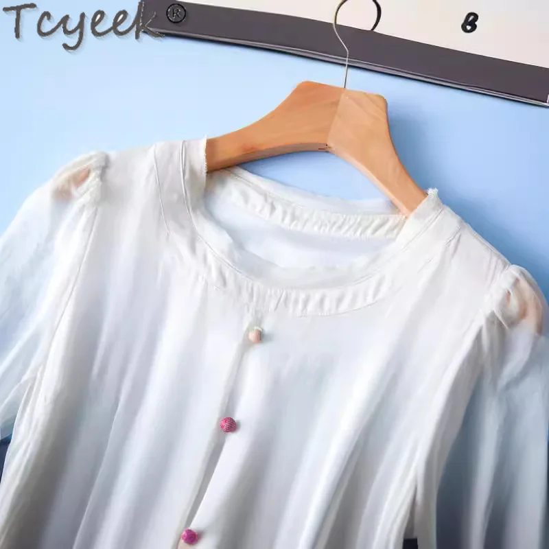 Tcyeek-Vestido blanco de seda de morera para Mujer, traje elegante de hada a la moda, para playa y verano, 100%, 2024