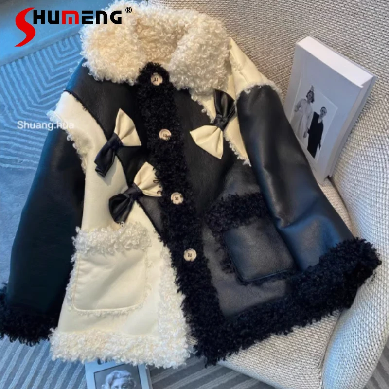 

Faux Leather Jackets Women's 2024 Winter New Thickened Velvet Fashion Retro Contrast Color Design Short Lamb Wool Cotton Coats