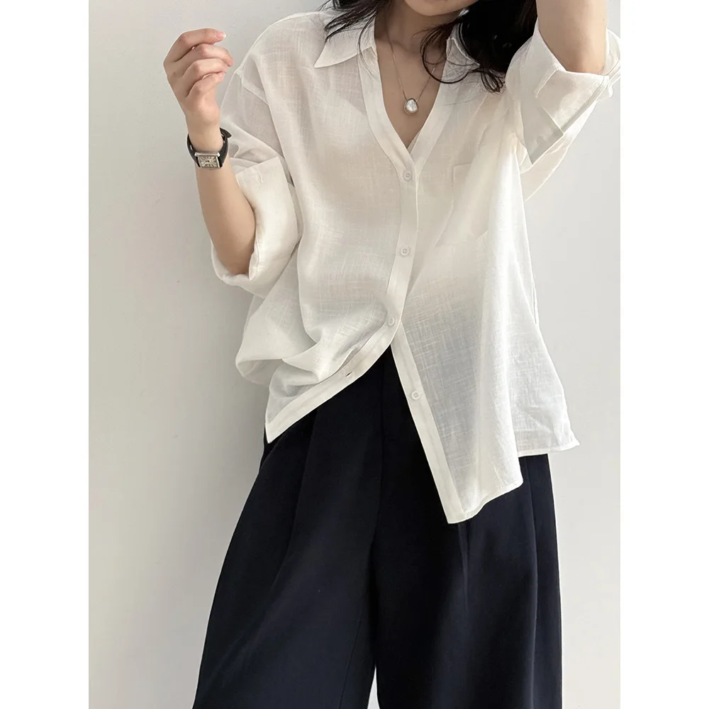

Summer blouse Tencel linen long-sleeved lapel versatile sunscreen