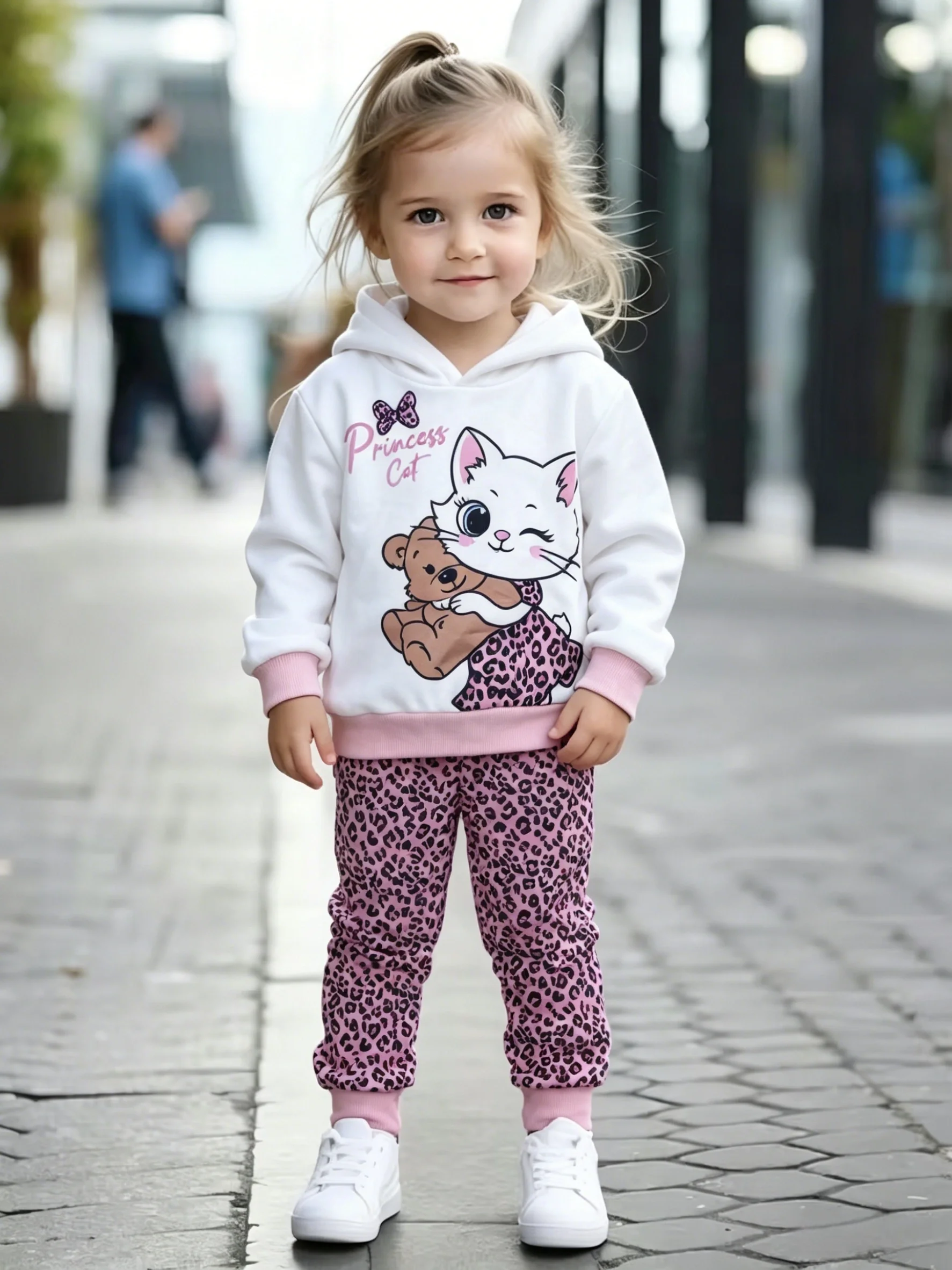 Toddler Girl Princess Cat Leopard Print Hoodie Tracksuit 2Pcs Outfit Set