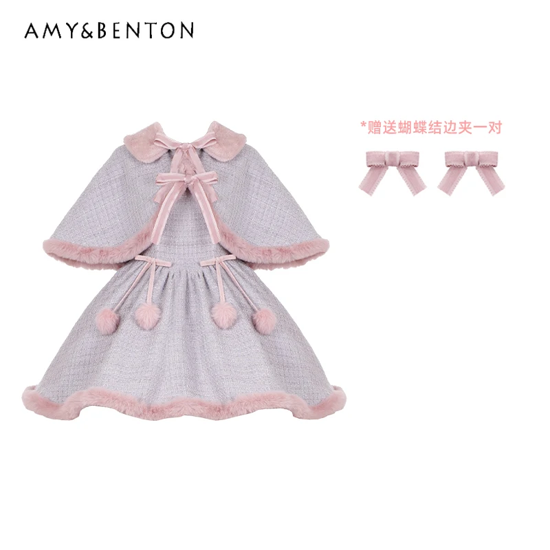 Daily Lolita Dresses Women Sweet Cute Bowknot Tweed Cloak Strap Dress Sets Women Winter New Thicken Kawaii Slim Fit Mini Dress