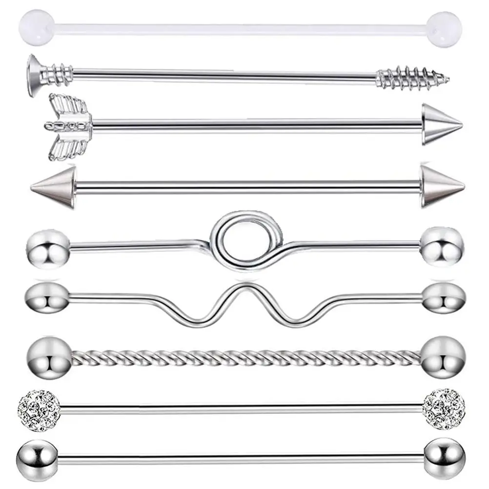 

9 Pcs Ear Studs Set Rhinestone Acrylic Stainless Steel Shiny Industrial Barbell Arrows Screw Earrings Body Piercing Jewelry