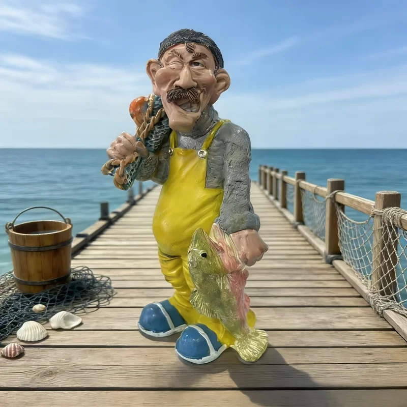 Seaside Style Fisherman Statue Ornament，Handmade Resin Ornaments，Comes with fishing gear，Suitable for nautical-themed home decor