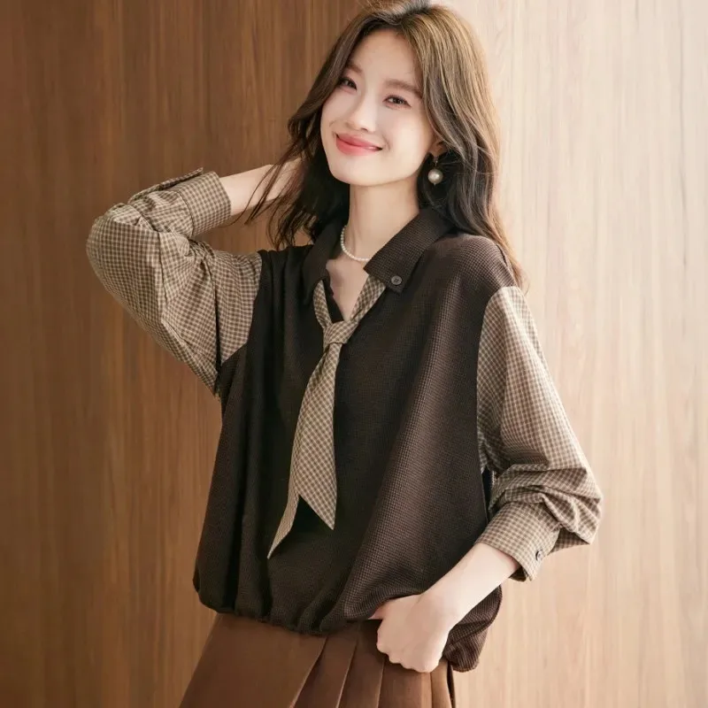 

Autumn New Fashion Style Age-reducing Loose Belly-covering Bow Knitted Patchwork Shirt Top for Women