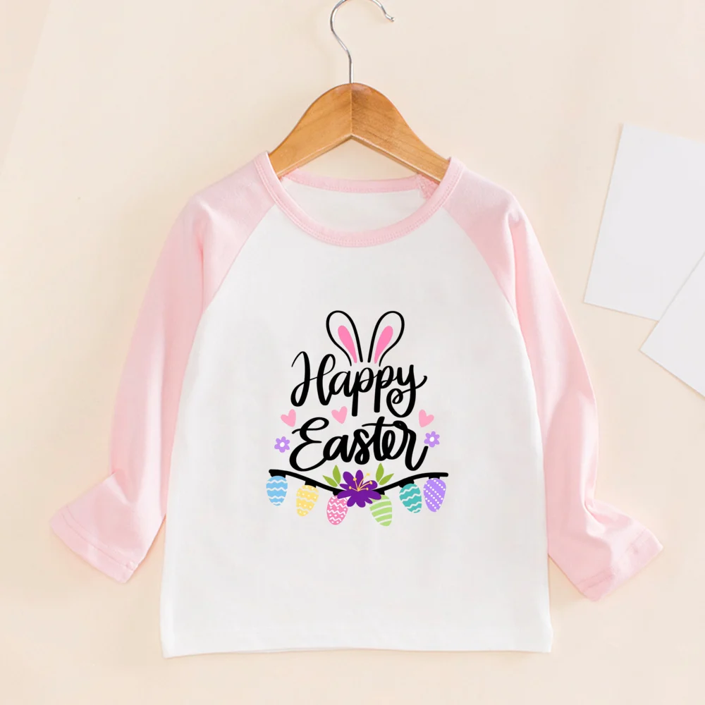 Girl Happy Easter Shirt Easter Day Gift for Toddler Girl Bunny Egg Short Sleeve Tshirt Infant Kids Long Sleeve Tee Tops