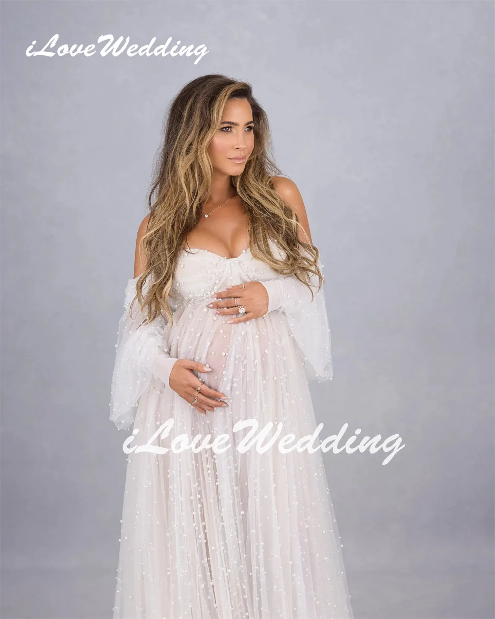 ILoveWedding Pearl Beading Maternity Dresses Photography Robes Off Shoulder Sweetheart Tulle Pregnant Photo Shoot Long Sleeves