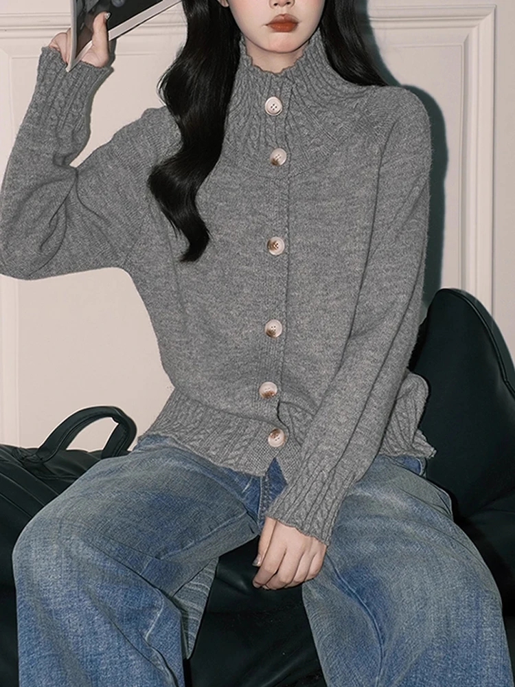 

Chic ey Twist Knit Sweater Coat Women's Autumn Winter Korean Sle Stand Collar Long Sve Button up Cardigan Top