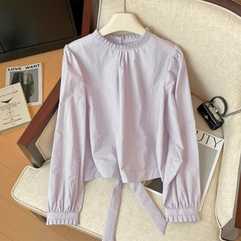 

Fashionable and Sweet French Ear-trimmed Shirt for Women 2025 Autumn Loose Back Strap Pullover Long-sleeved Top