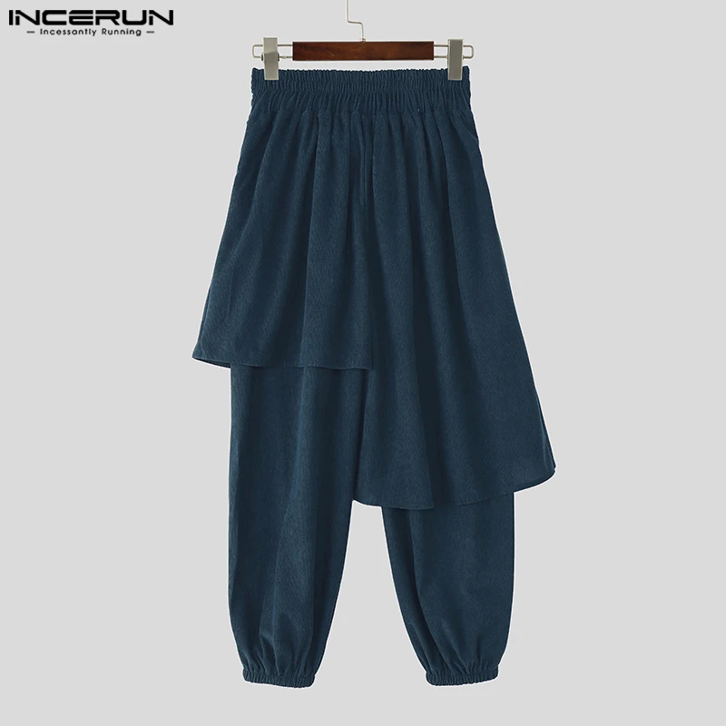 INCERUN 남성용 불규칙 바지 솔리드 컬러 신축성 있는 허리 조거 팬츠 남성용 루즈 스트리트웨어 2025 패션 플리츠 캐주얼 바지