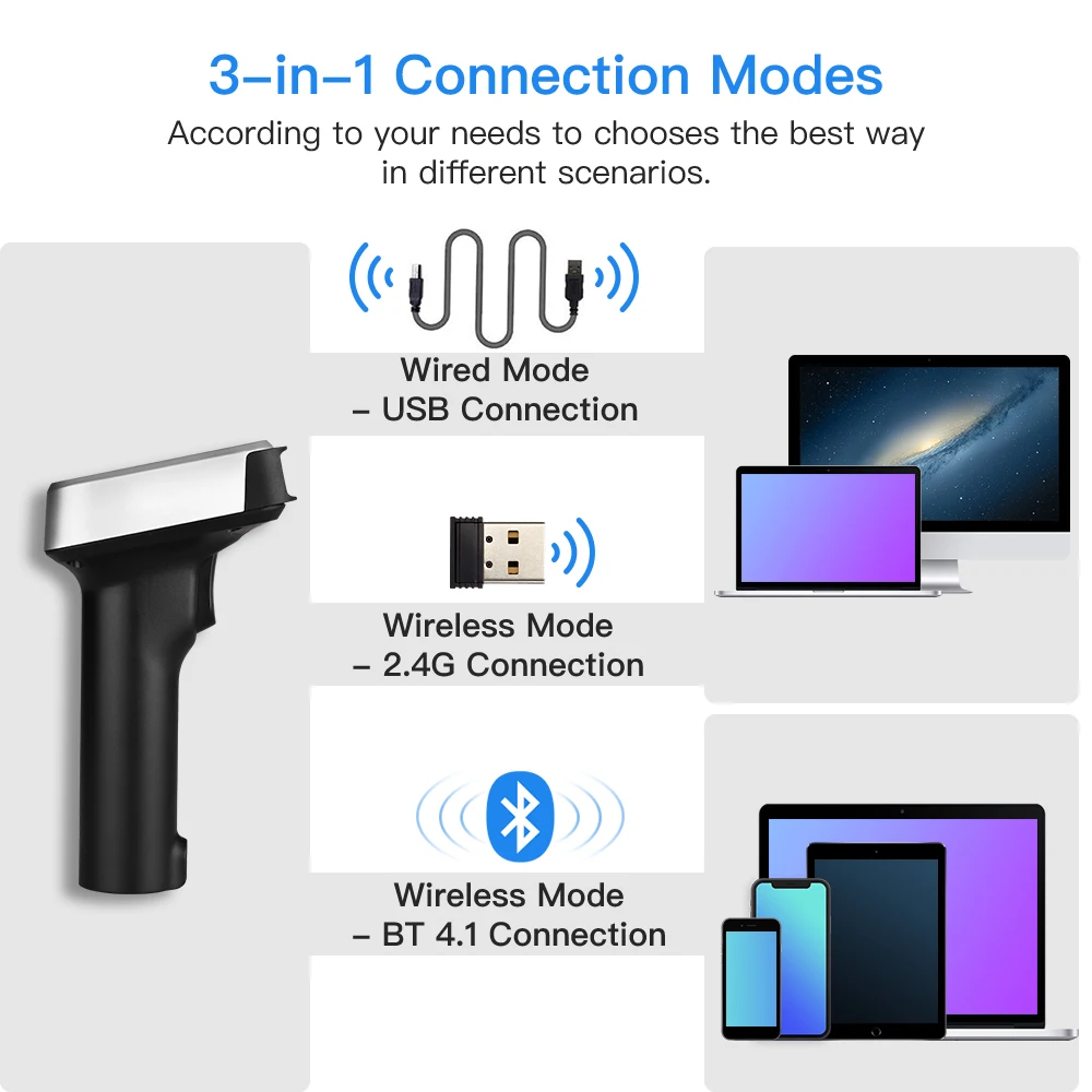 Eyoyo – lecteur de codes-barres 1D sans fil, Bluetooth/USB/2.4G, avec écran LCD couleur TFT, prise en charge de l'affichage de l'heure, ajout de préfixe, balayage CCD