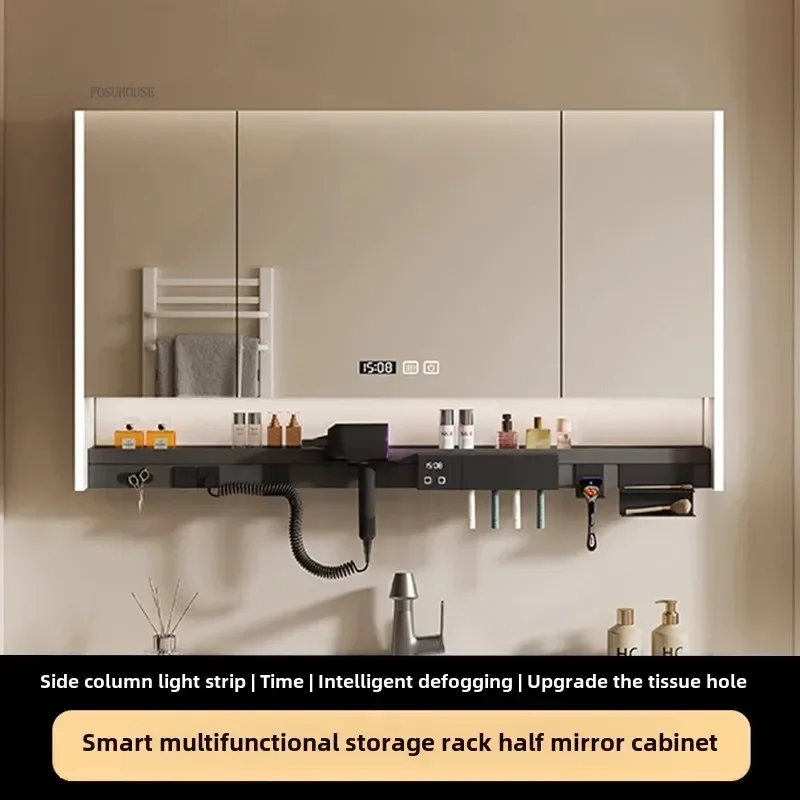 newSmart Bathroom Mirror Storage Cabinet with Light Bathroom Mirror with Hair Dryer Storage Rack Integrated Bathroom Accessories