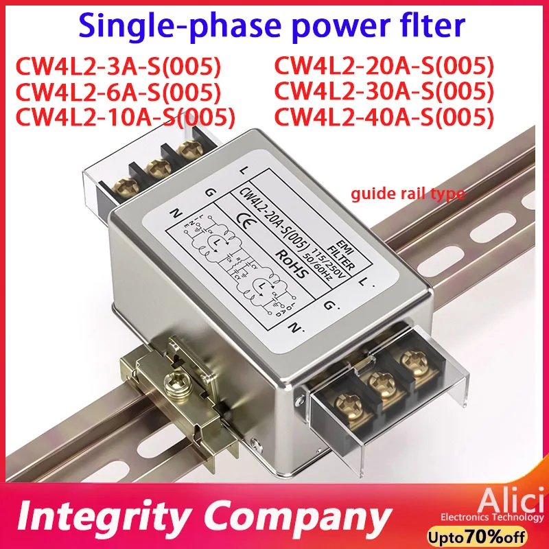 CW4L2-30A-S (005) Single-Phase PowerFilter 20A 40A 220V AC EMI Anti-Interference Bipolar Guide Terminal Block for Power Supply