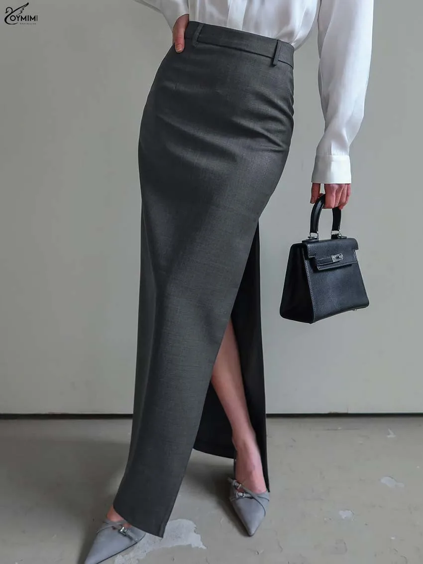 Oymimi Fashion Dark Grey Slim Skirts For Women Elegant High Waisted Zipper Pockets Skirts Autumn New Side Slit Straight Skirt