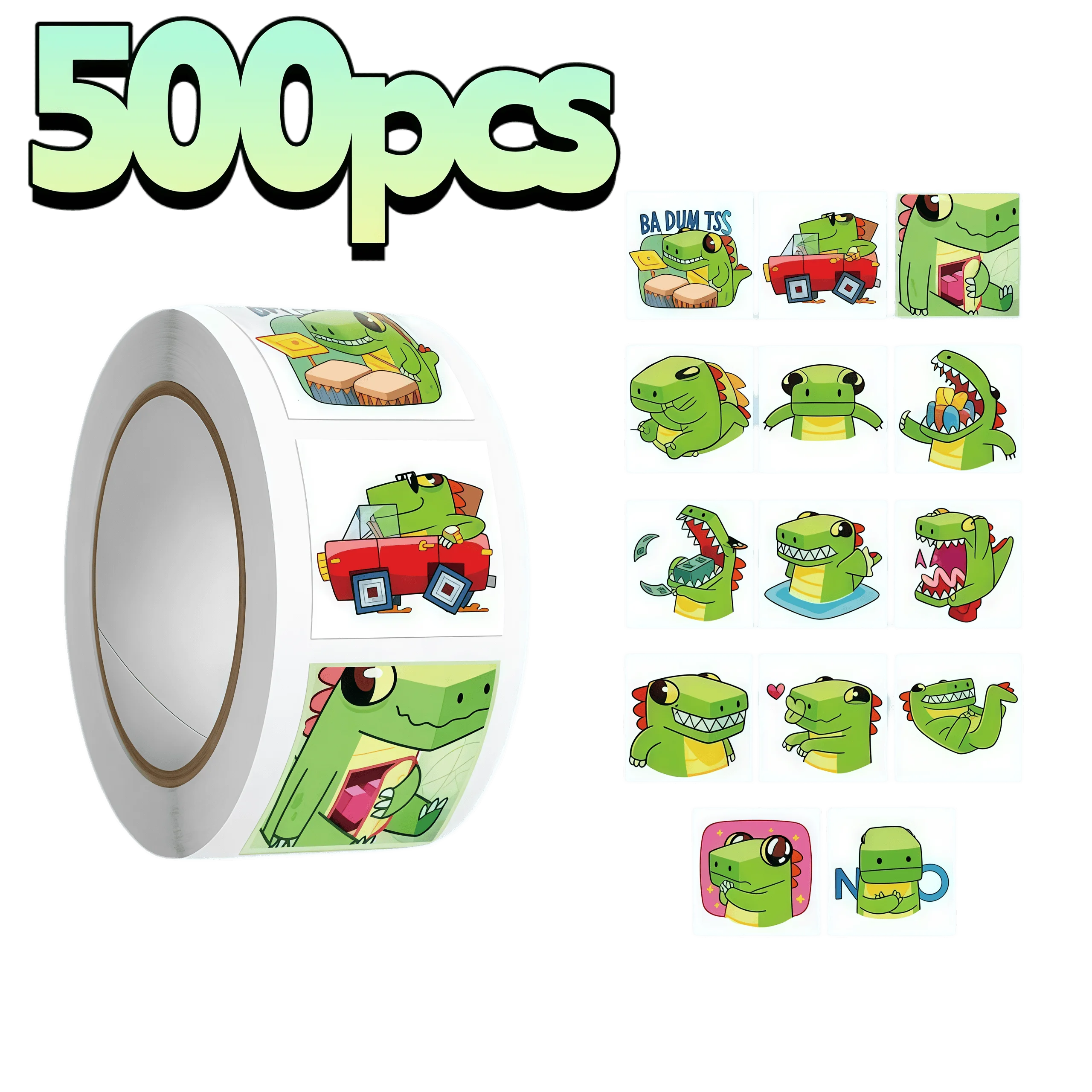 500Pcs Cute Cartoon Green Dinosaur Sticker Roll, Funny Multi Expression Crocodile Labels for Package Sealing Journal Scrapbook