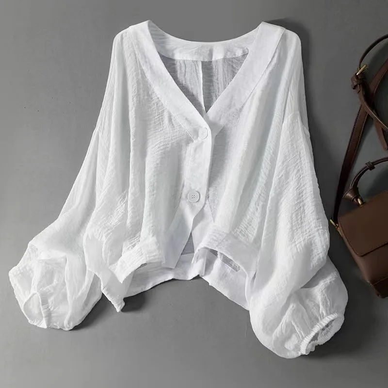Women's White V-Neck Long Sleeve Shirt Lightweight Sheer Loose Fit Blouse Lantern Sleeves Casual Sun Protection Top Summer