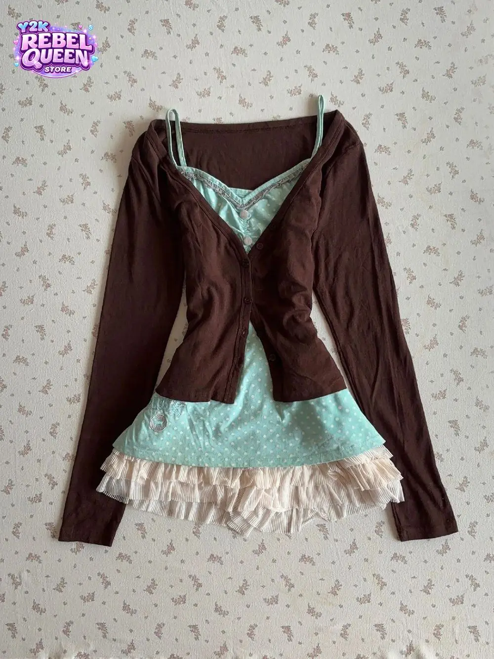 Conjunto de Vestido Camisola Coqueta Vintage Y2K para Mujer, Minifalda de Lunares con Volantes, Cárdigan Corto con Ribete de Encaje, Vestido Ajustado Casual