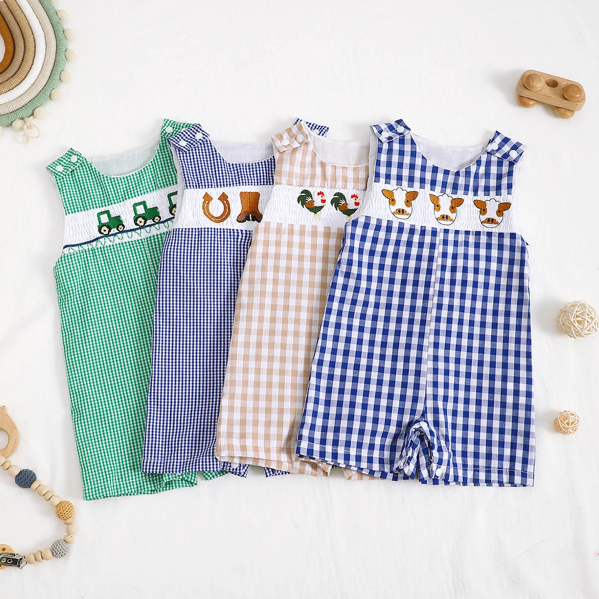 

Baby Girl Boy Embroidered Checkered Overalls Boutique Smocked Design Cartoon Jumpsuit Summer Casual Sleeveless Toddler Clothing