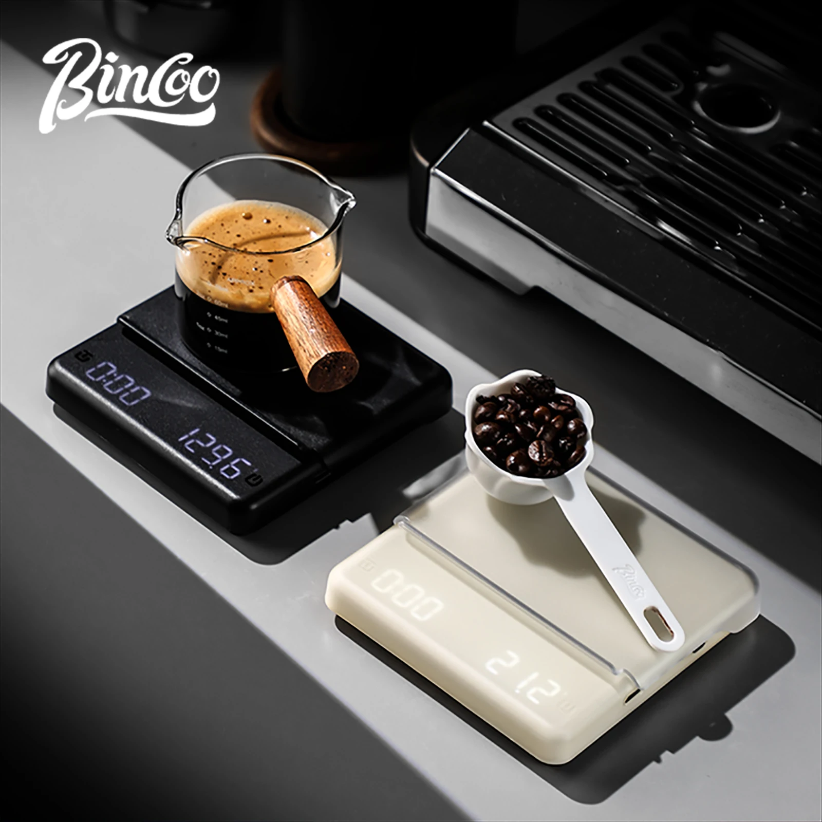 Bincoo Mini Plus Coffee Scale, 2kg/0.1g High Precision, Rechargeable Brewing Scale, Black/White Colors, Home & Barista Accessory