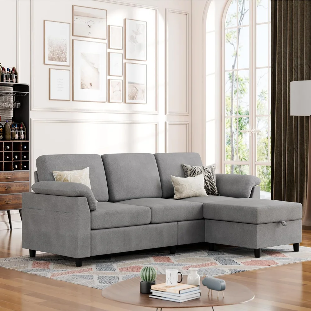 

Convertible Sectional Couches Sofa, 3 Seat L Shaped Sofa with Removable Pillows Linen Fabric Small Couch Mid Century