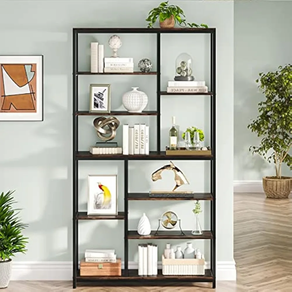 79 Inches Tall Bookcase with Open Shelves, 9-Tier Industrial Bookshelf, 10 Cubes Etagere Storage Shelves Display Shelf