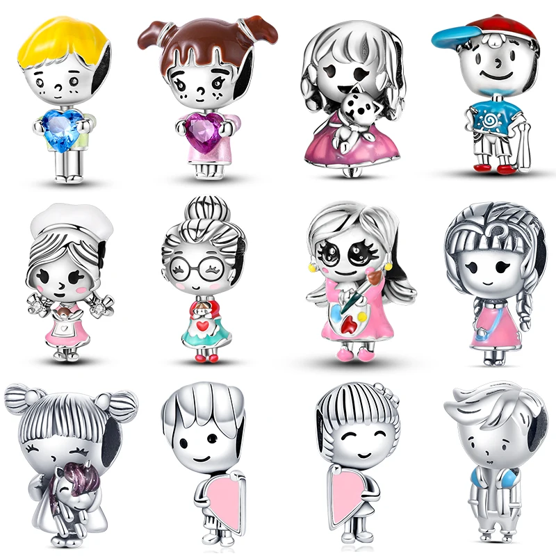 

S925 Silver Cute Boy And Girl Sports Cooking Love Couple Charms Beads Fit Pan Original Bracelets DIY Fine Jewelry Making Gifts