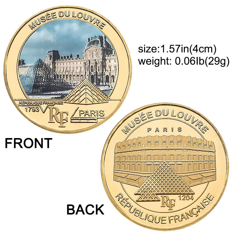 5PCS Paris Louvre Museum Pyramid Commemorative Coins Set France Travel Souvenir Gold Plated Collectible