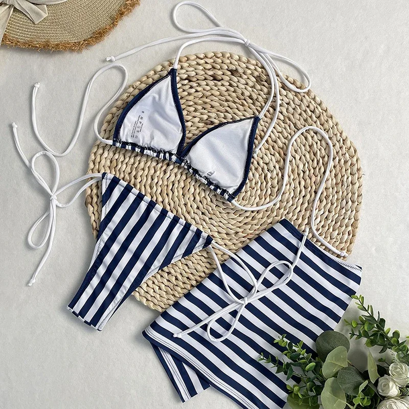 OIINAA Striped Swimsuit Women Neck-mounted Lace Up Split Swimsuit Korean Sexy Thongs Summer 2025 New Chic Cover-Ups Wrap Skirt