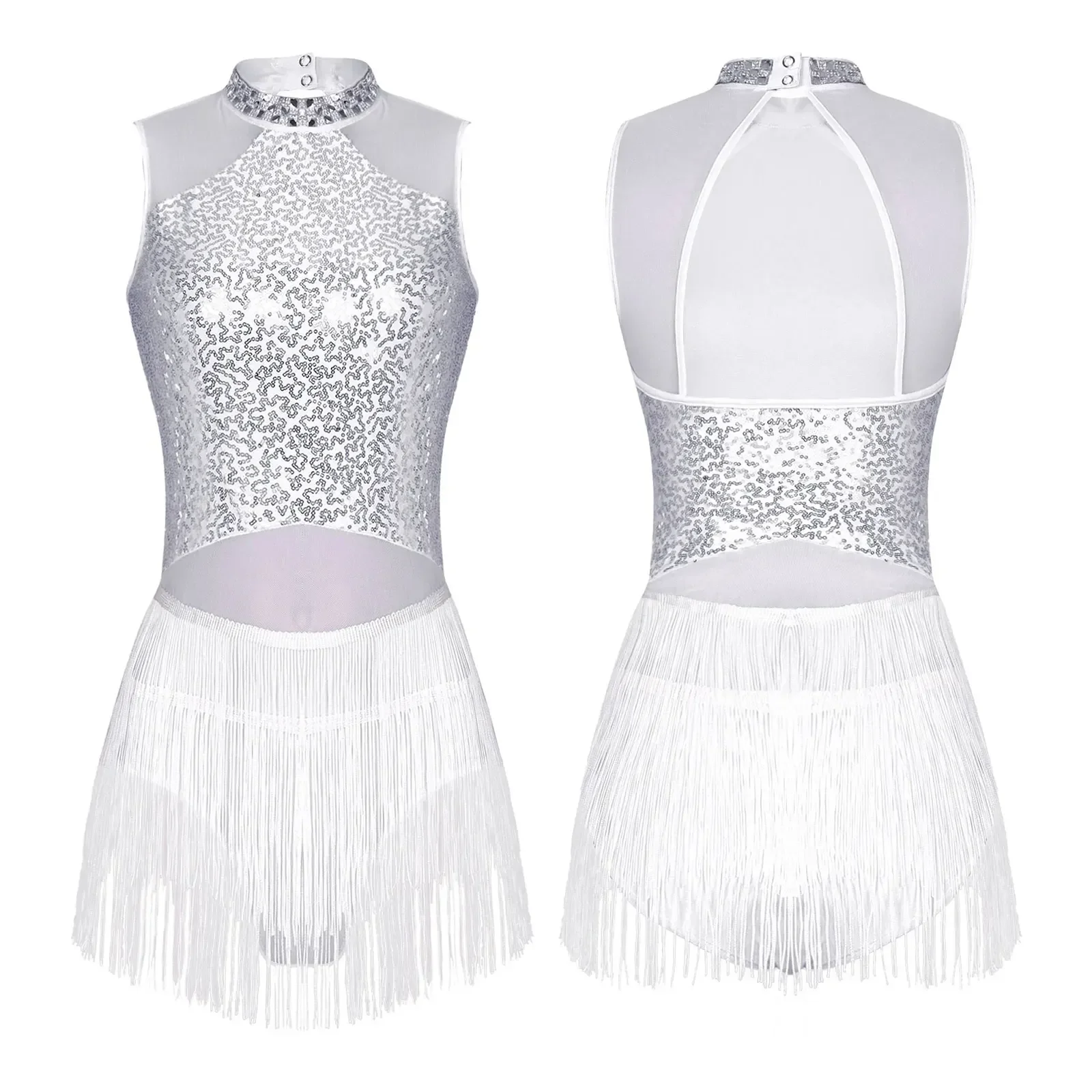 Vestido de baile latino para mujer, leotardo con flecos, malla con cuello de diamante, traje de actuación de Tango, Rumba, Cha-Cha, Samba