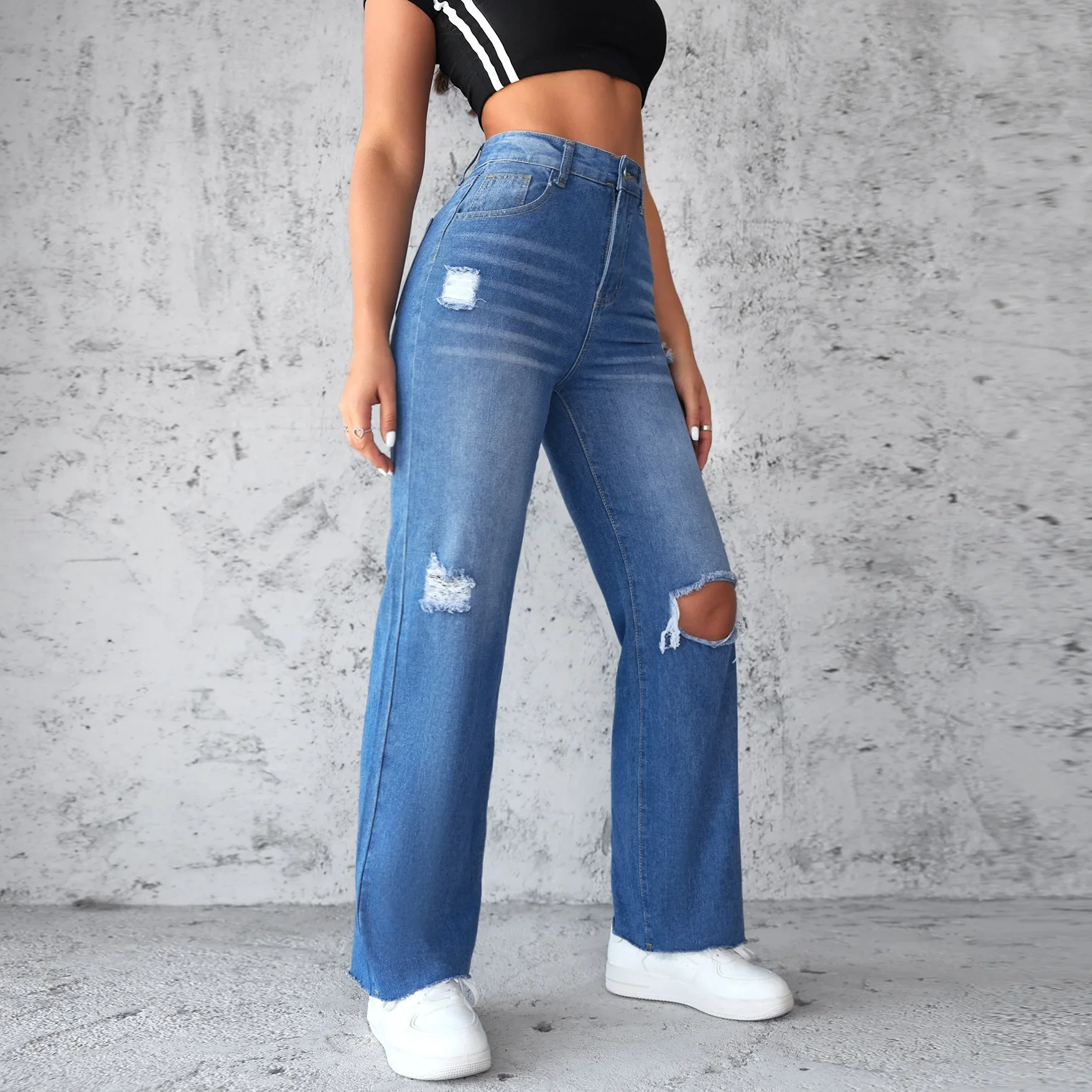 

Ripped Hole Jeans Women Denim Pants Ankle Length Distressed Straight Jean Washed Pockets High Waist Blue Basics Y2k Streetwear