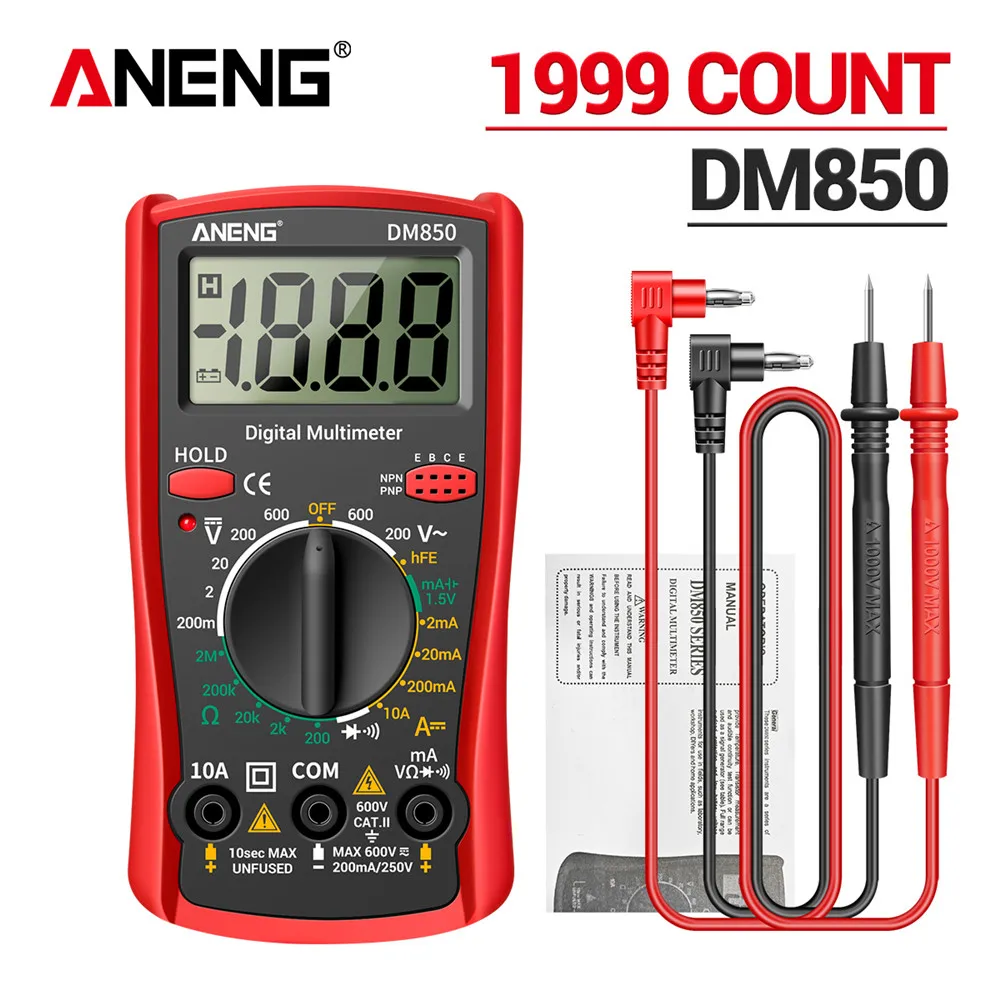 ANENG DM850 자동 디지털 멀티미터, 1999 카운트, AC/DC 전압 테스트, 저항 및 전류 측정기