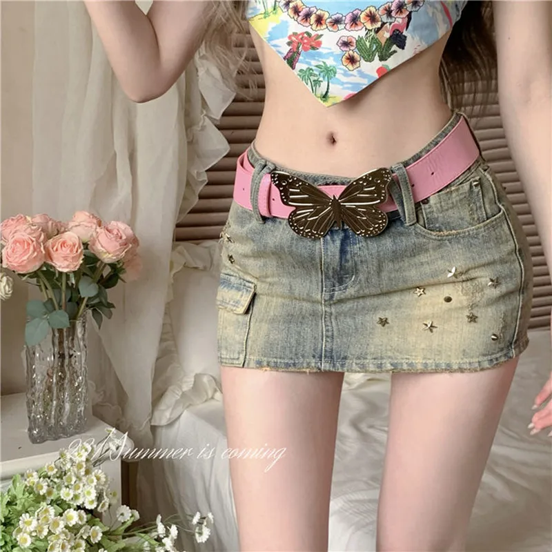 STSVZORR Y2K Vintage Willow Nail Heavy Industry Denim Skirt Women's 2023 Summer New Low Waist Sexy Wrapped Hip Short Skirt