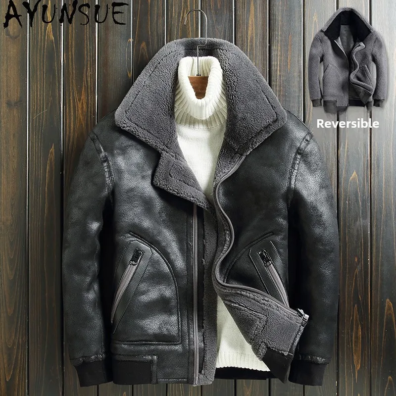 AYUNSUE Genuine Leather Sheepskin Jackets Winter Fashion Mens Clothing Men's Motorcycle Leather Jacket Кожаная Куртка Мужская