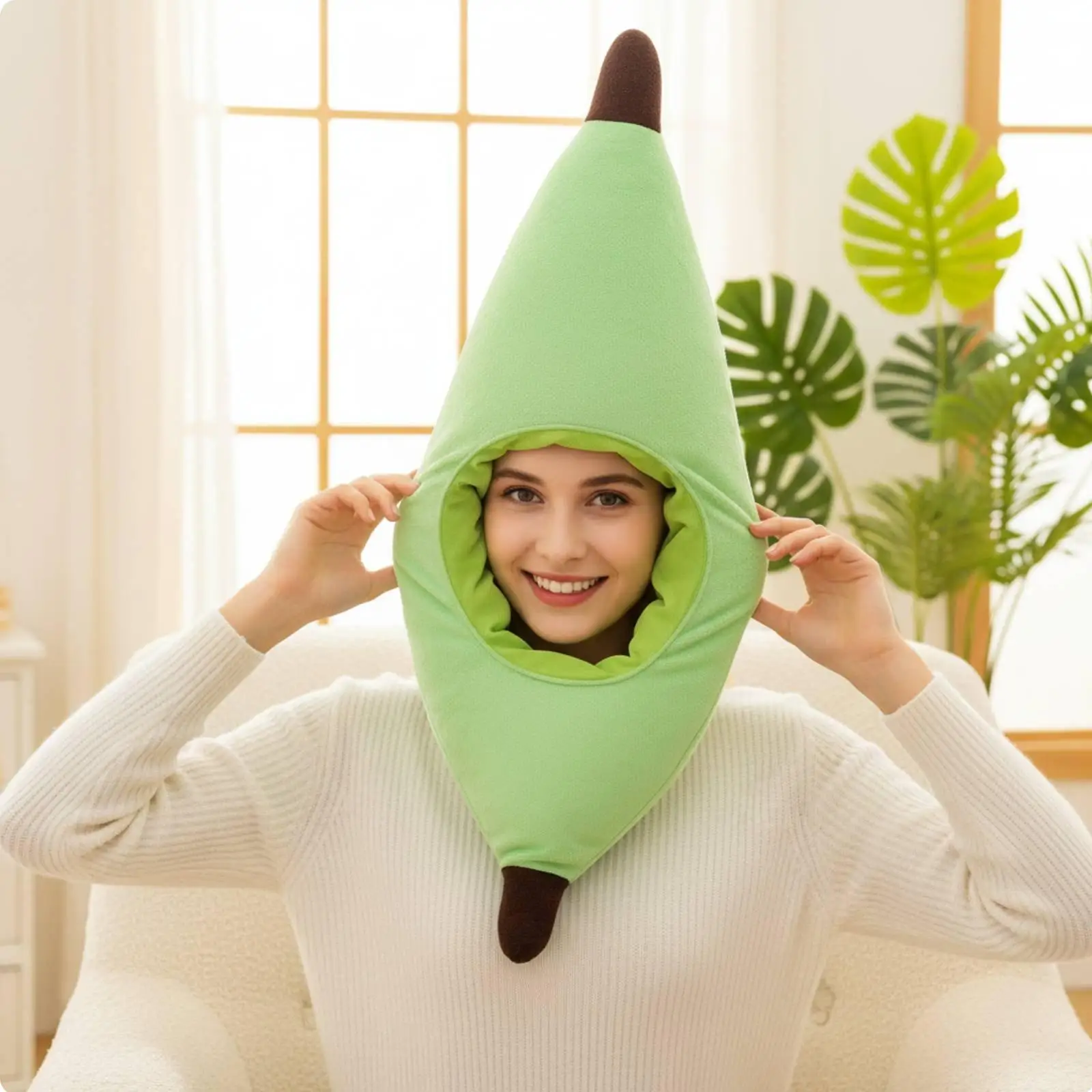 Sombrero de plátano para fotos, accesorio suave con forma de cabeza de plátano, talla universal, divertido accesorio temático de frutas y verduras