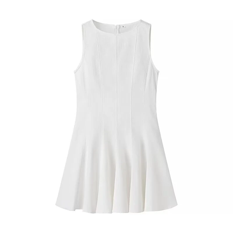 

YENKYE High Street Women O Neck Sleeveless White Tank Dress Hem Pleated A-line Mini Summer Dresses Female Office Vestidos