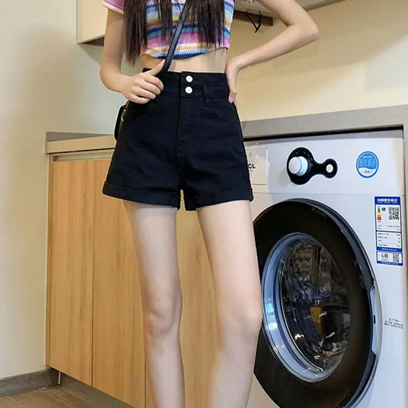 

Fashionable High Waist Denim Shorts Women Spring Summer Wide Leg Loose Slim A-Line Cuffed Hot Pants Cotton Blend Slimming Shorts