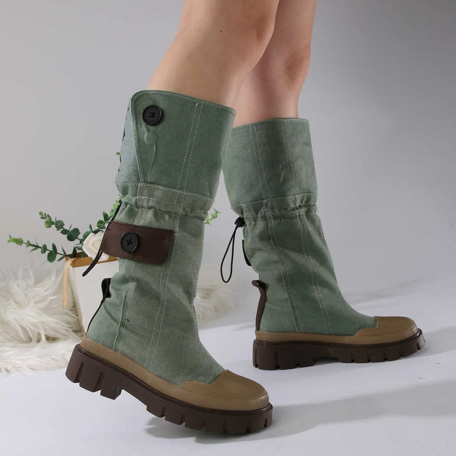 

Women Winter Fur Warm Snow Boots Ladies Shoes Knee Long Boots Thick No Heels Over Knee Long Boots Camouflage Over Knee Boots