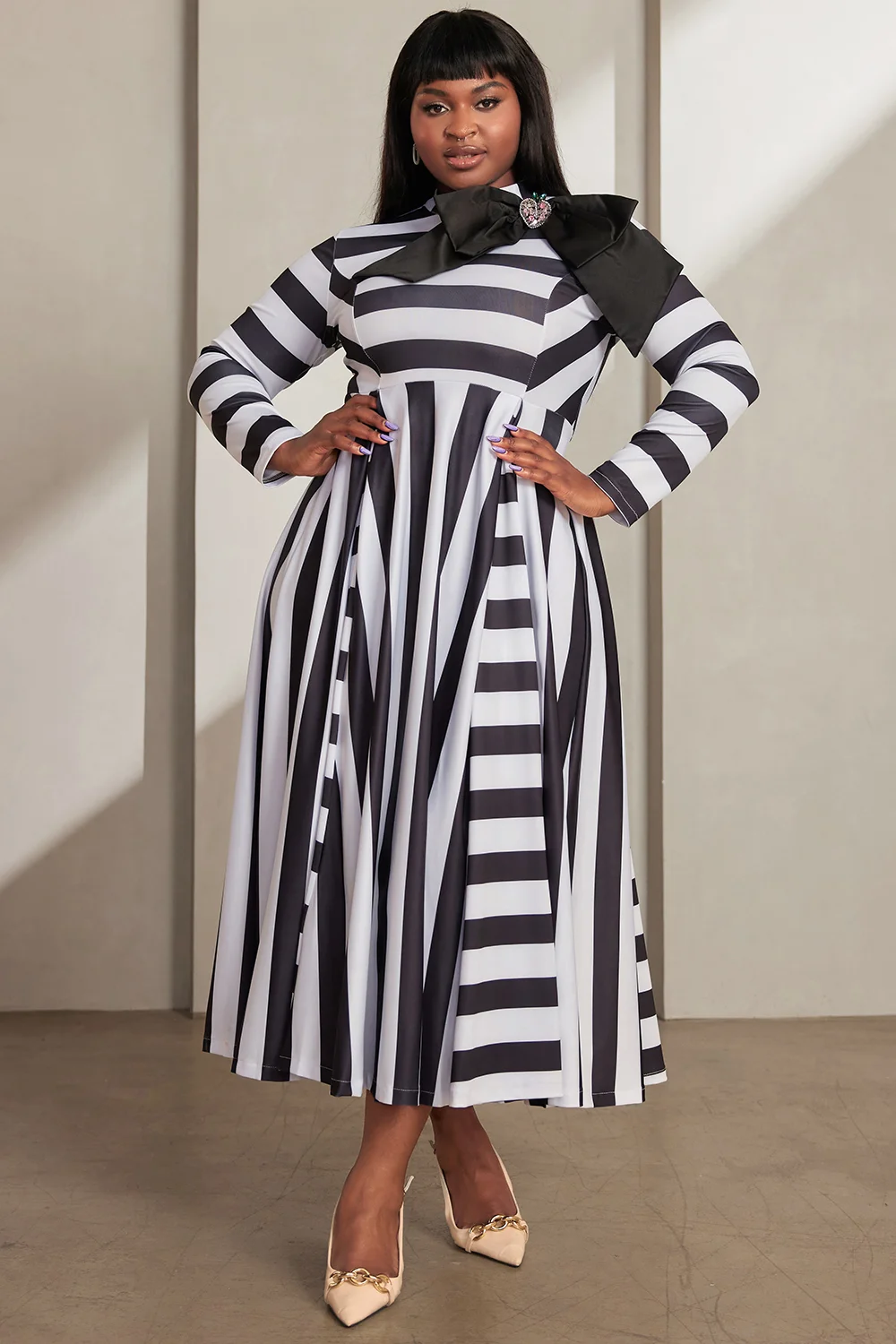 Women\'s Plus Size Semi Formal Maxi Dresses Elegant Black White Striped Fall Winter Mock Neck Long Sleeve Bow Tie Maxi Dresses