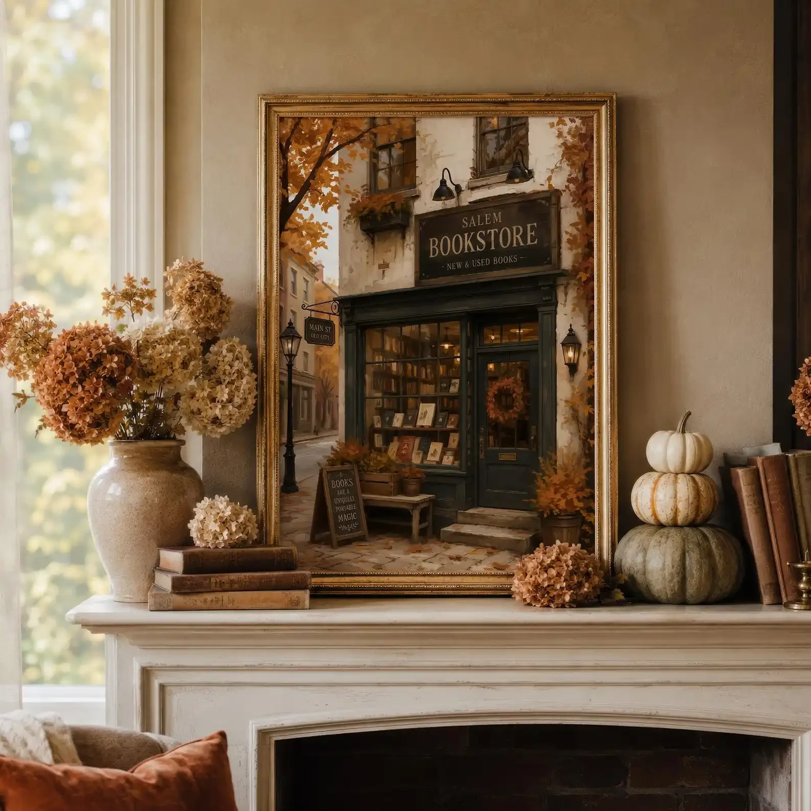 1pc frameless canvas painting Vintage Salem Bookstore Canvas Wall Art, Autumn Fall Town Street Oil Painting Print, Dark Academia