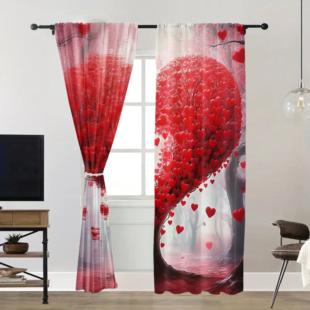 2pc,  Valentine's Day Window Treatment Curtains Dream Red Heart Tree Light Filter Festive Backdrops for Indoor Celebrations,