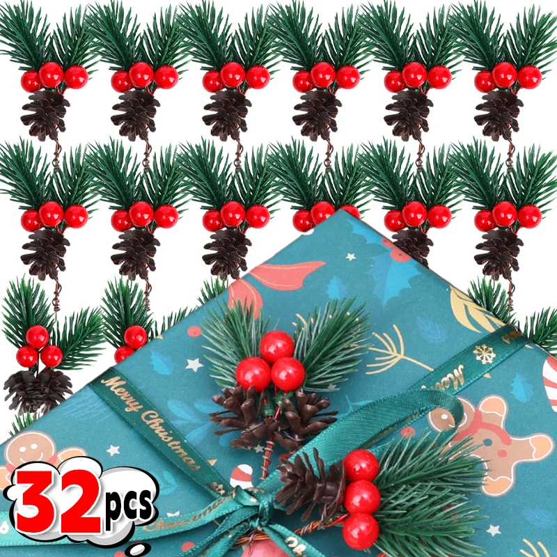 32/4PCS Christmas Artificial Pinecone Red Berries Branches Pine Cone DIY Christmas Tree Wreath Party New Year Decor Supplies