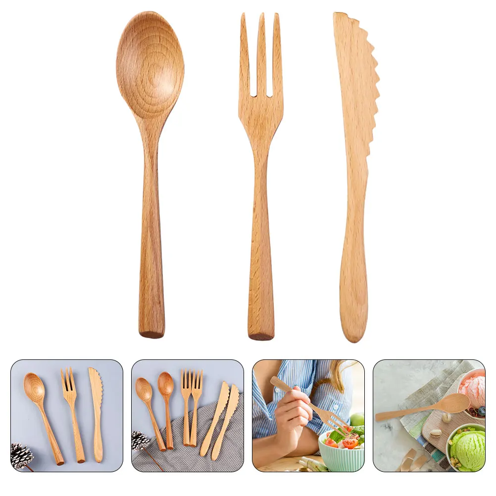 

3 Pcs Wooden Tableware Set Beech Cutlery Camping Portable Dinnerware Eco Friendly Biodegradable Lightweight Parties Weddings