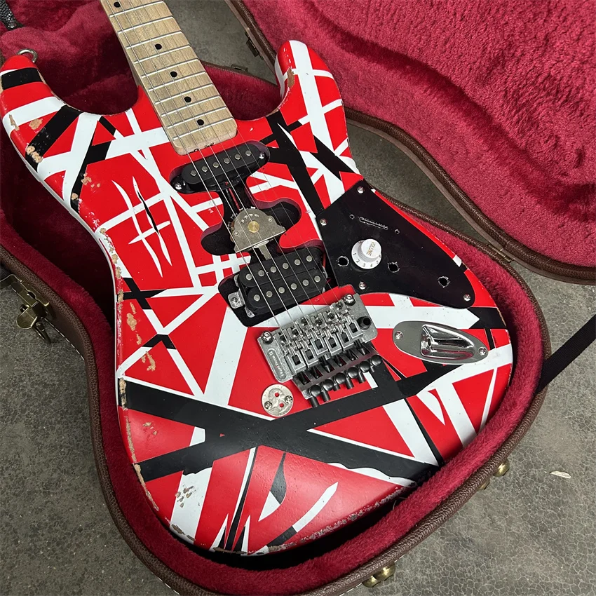 Stock Edward Eddie Van Halen Heavy Relic Red Frank-en Electric Guitar Black White Stripes Floyd Rose Tremolo Bridge Slanted