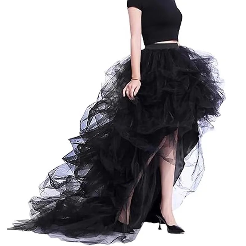Gothic Long Bustle High Low Tulle Layer Skirt Halloween Victorian Costume Women Mullet Dip Hem Dance Burlesque Bridal Tutu Skirt