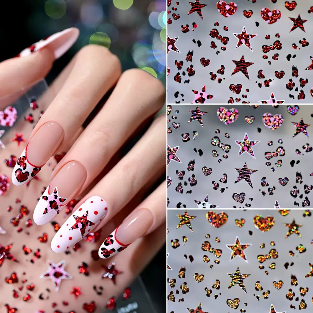 1 Uds. Calcomanía para uñas con lazo de amor con estampado de leopardo y purpurina rosa 5D, gelatina láser, estrella, corazón, lazo, leopardo, pegatina artística para uñas Y2k, decoración de uñas Sexy