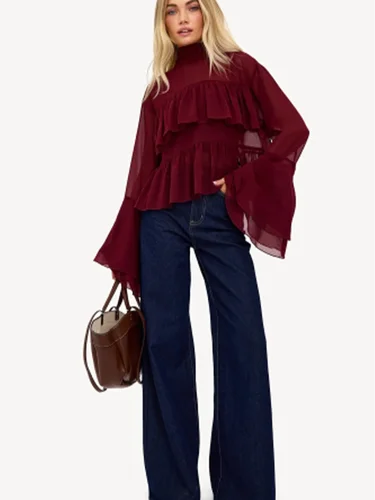 Imagen 2 del producto Camiseta informal plisada de manga larga con volantes para mujer, camiseta de Color sólido con cuello medio alto, Top elegante de moda para ir al trabajo diario, Top de verano